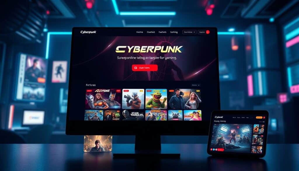 A digital gaming website design with a seamless user experience. A sleek, modern interface featuring high-quality game thumbnails, intuitive navigation, and immersive visuals. The layout is clean and visually striking, drawing the user's attention to the games. Soft, ambient lighting illuminates the scene, creating a warm and inviting atmosphere. The website is responsive and optimized for various devices, ensuring a consistent user experience across platforms. The overall design conveys a sense of professionalism, excitement, and interactivity, reflecting the thrilling nature of the online gaming experience.