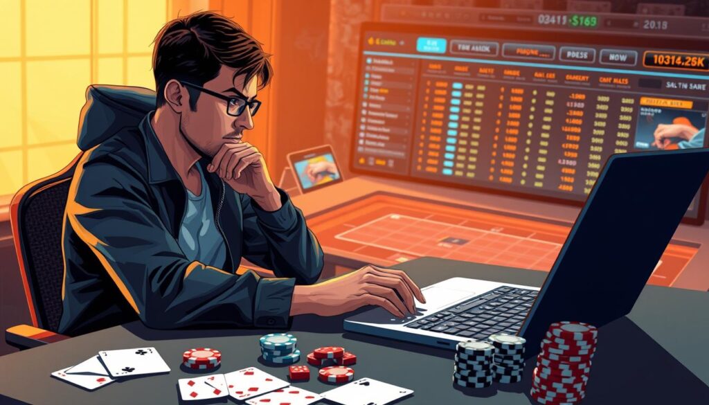 A digital illustration depicting a new online casino player carefully managing their risks. In the foreground, a thoughtful gamer sits at a desk, laptop open, deeply focused on analyzing financial data and gaming strategies. The middle ground shows a tabletop filled with casino chips, dice, and playing cards, symbolizing the games they are navigating. The background features a sleek, modern online casino interface, hinting at the digital landscape they operate within. Warm lighting casts a contemplative mood, while the camera angle suggests a bird's-eye view, emphasizing the player's careful, analytical approach to their gaming endeavors.