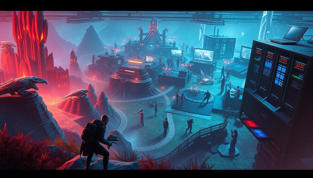 A digital landscape showcasing the advantages of online gaming. In the foreground, a player immersed in a vibrant virtual world, their avatar navigating intricate landscapes and battling fantastical creatures. The middle ground features a panoramic view of a bustling online gaming community, with players collaborating, strategizing, and exploring shared experiences. In the background, the image conveys a sense of technological advancement, with sleek devices, server racks, and data visualizations, symbolizing the seamless connectivity and accessibility of online gaming. The lighting is soft and naturalistic, creating a sense of immersion and wonder. The overall composition emphasizes the boundless possibilities, social engagement, and technological innovation inherent in the world of online gaming.