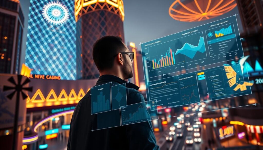 A digital marketing expert stands before a towering online casino, the facade a dazzling array of lights and geometric patterns. In the foreground, data visualizations and analytics dashboards float holographically, showcasing the insights gleaned from customer behavior. The background is a vibrant cityscape, bustling with activity, highlighting the seamless integration of digital strategies into the thriving online entertainment industry. Warm, golden lighting casts an air of success and profitability, while the camera angle conveys the strategic importance of digital marketing in driving the casino's prosperity. The mood is one of innovation, efficiency, and the synergistic relationship between technology and entertainment.