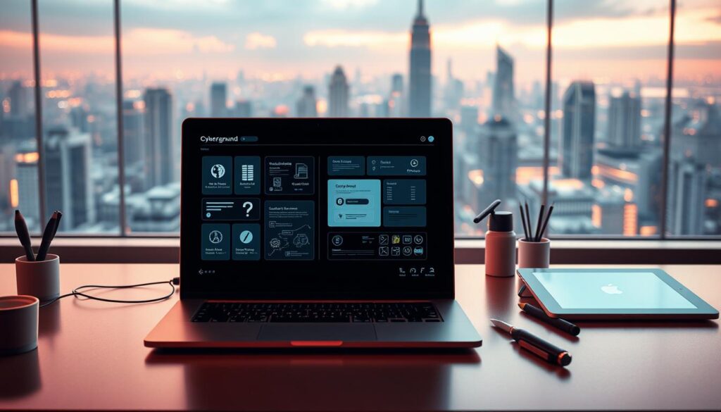 A digital workspace with sleek minimalist design, showcasing the key aspects of user experience design. In the foreground, a stylized laptop screen displays an interactive UI, with intuitive icons and a clean layout. The middle ground features a designer's desk, complete with a tablet, stylus, and various design tools, hinting at the iterative process behind crafting exceptional UX. The background sets the scene with a panoramic view of a modern, tech-savvy city, symbolizing the digital landscape where user-centric design thrives. Warm, diffused lighting casts a professional, collaborative atmosphere, emphasizing the importance of user-centered design in today's digital world.