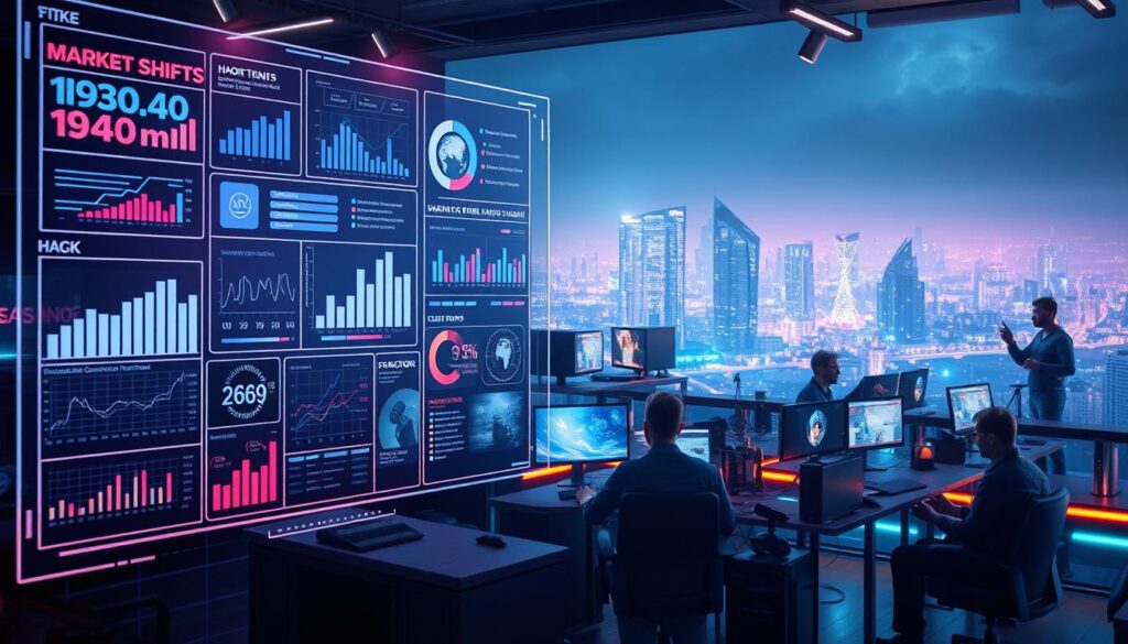 A digitally-rendered scene depicting the trends and analysis of the gaming industry. In the foreground, a holographic display shows various data visualizations and infographics, conveying insights into market shifts, player demographics, and emerging technologies. The middle ground features a futuristic gaming workspace, with developers collaborating around cutting-edge workstations bathed in a soft, ambient glow. In the background, a panoramic view of a bustling city skyline, symbolizing the broader economic and cultural landscape that the gaming industry operates within. The overall mood is one of innovation, data-driven decision making, and a sense of the dynamic, ever-evolving nature of the gaming landscape.