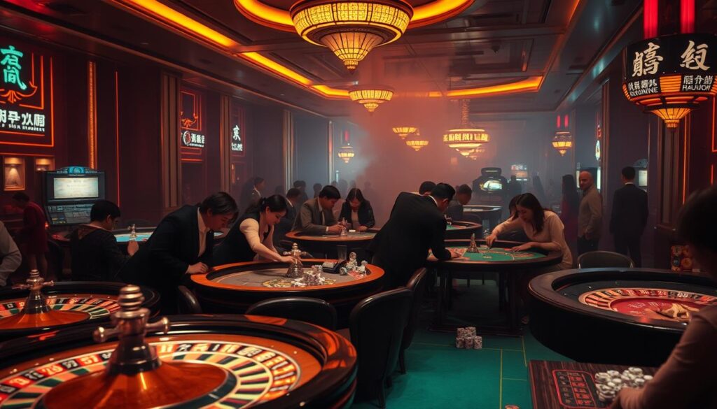 A dimly lit Macau casino interior, backlit by the warm glow of neon signs. In the foreground, a lively array of casino games unfolds - roulette wheels spinning, poker chips stacking, and dice tumbling across felt-covered tables. In the middle ground, well-dressed patrons lean intently over the games, faces alight with anticipation. The background fades into a hazy atmosphere of smoke and muted conversations, creating an air of excitement and mystery. The scene is captured with a cinematic lens, highlighting the dramatic lighting and capturing the palpable energy of the Macau casino experience.