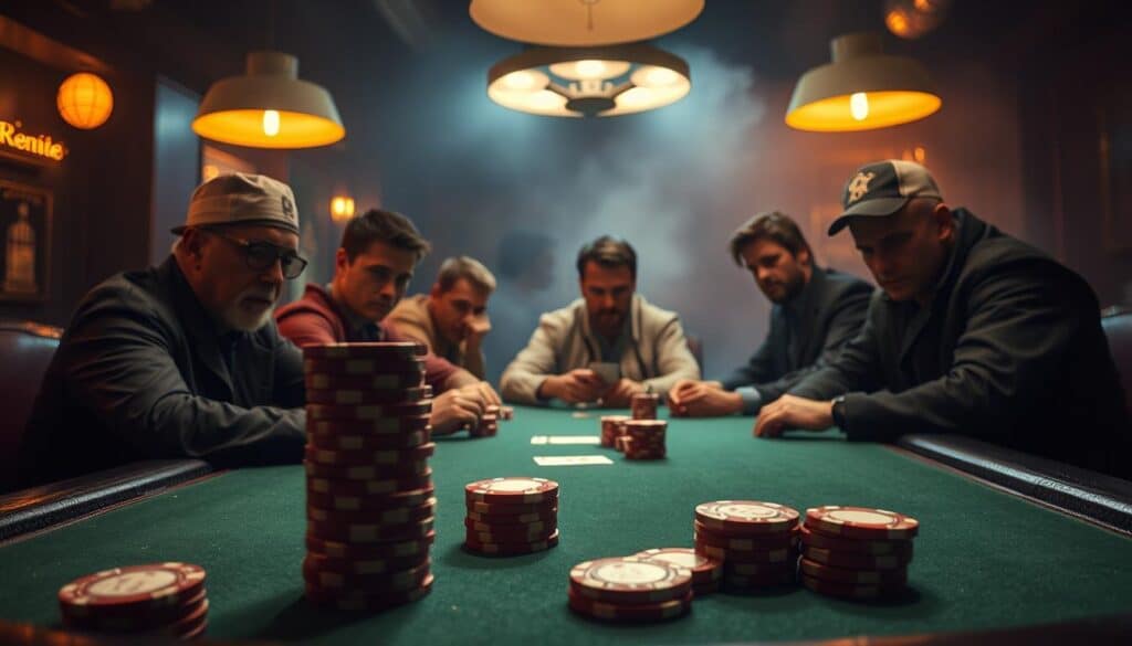 A dimly lit Texas hold'em poker table, illuminated by the warm glow of green felt and the flicker of overhead lamps. In the foreground, a stack of poker chips in various denominations, each with a subtle sheen suggesting the high stakes at play. The middle ground depicts a group of serious-faced players, their expressions intense as they study their cards and contemplate their next move, the evolution of their strategies unfolding through the decades. In the background, a hazy atmosphere of smoke and shadow, hinting at the storied history of this classic card game and the legacies of the masters who have graced these tables. The overall mood is one of strategic contemplation, the tension palpable as the players navigate the shifting tides of Texas hold'em.
