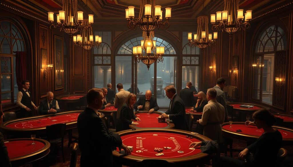 A dimly lit Victorian-era gaming hall, ornate chandeliers casting a warm glow over the mahogany tables. Smartly dressed gentlemen and ladies gather around a baccarat table, their faces alight with anticipation as the cards are dealt. In the corners, uniformed croupiers stand watch, overseeing the high-stakes proceedings. The room is filled with the soft murmur of conversation and the occasional clinking of glasses. Through the windows, one can glimpse the cobblestone streets and gas lamps of old London, hinting at the centuries-old tradition of this quintessentially British pastime. A sense of history and elegance permeates the scene, transporting the viewer to a bygone era of English high society and the origins of the captivating game of baccarat.
