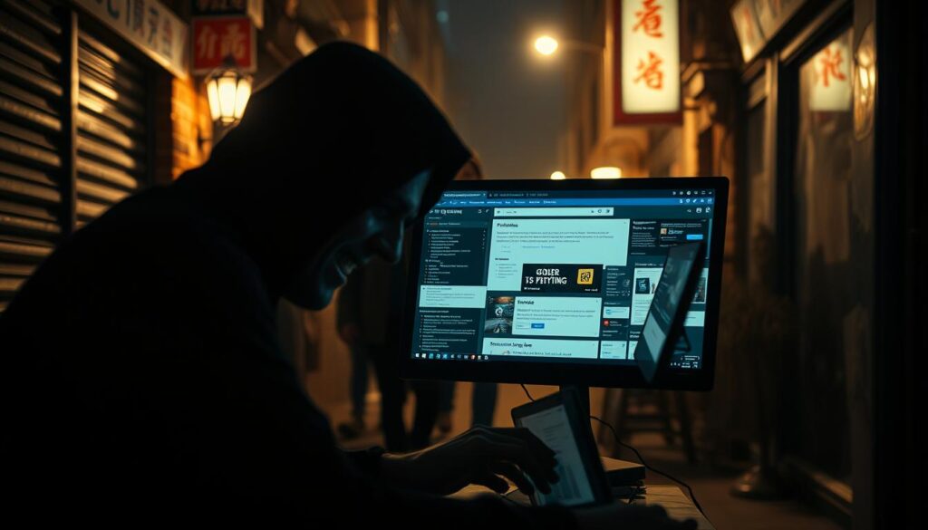 A dimly lit alleyway, the shadows cast by flickering streetlights create an ominous atmosphere. In the foreground, a shadowy figure hunched over a laptop, their fingers rapidly typing, a sinister grin on their face. In the middle ground, a computer screen displays various phishing scams and fraudulent websites, luring unsuspecting victims. The background is filled with the blurred silhouettes of passers-by, oblivious to the nefarious activities unfolding. The scene is captured with a gritty, low-angle camera perspective, emphasizing the suspenseful and unsettling mood.