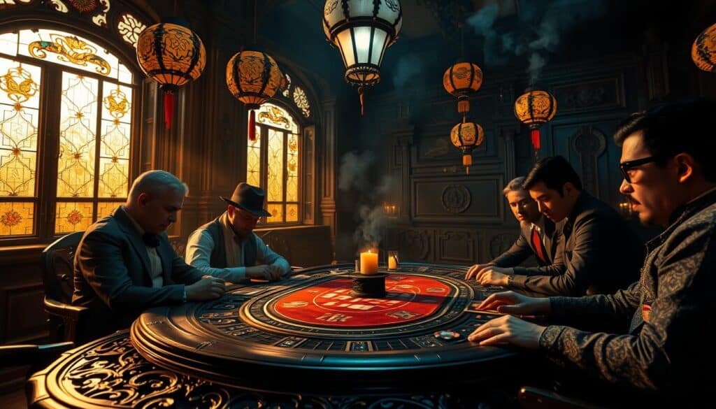 A dimly lit, antique gambling hall in 19th century China. The table is adorned with intricate carvings, and players sit around it, engrossed in a game of Baccarat. The atmosphere is thick with smoke and the sound of clinking chips. Light filters in through stained glass windows, casting a warm, golden glow over the scene. In the background, opium pipes and ornate Chinese lanterns hint at the cultural influences that shaped the history of this iconic game. The camera angle is low, capturing the drama and intensity of the moment, as the players' faces are illuminated by the flickering candlelight.