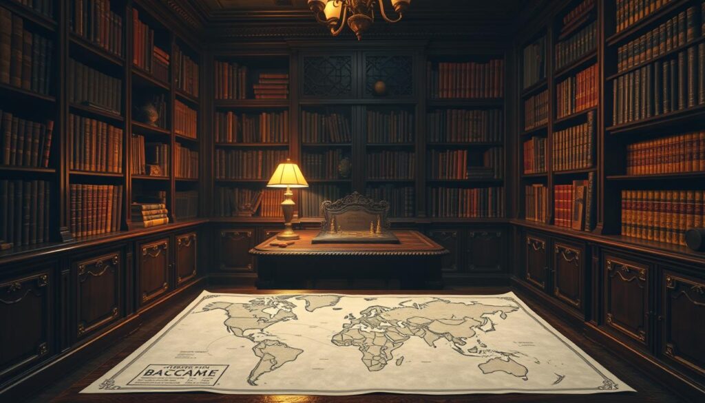 A dimly lit antique study, with shelves of leather-bound books lining the walls. An ornate wooden desk stands in the center, a brass lamp casting a warm glow over a vintage mahogany chessboard. In the foreground, a hand-drawn map depicting the evolution of the game of baccarat, from its origins in Italy to its rise in European casinos. The atmosphere is one of scholarly contemplation, hinting at the rich history and strategic allure of this iconic card game.