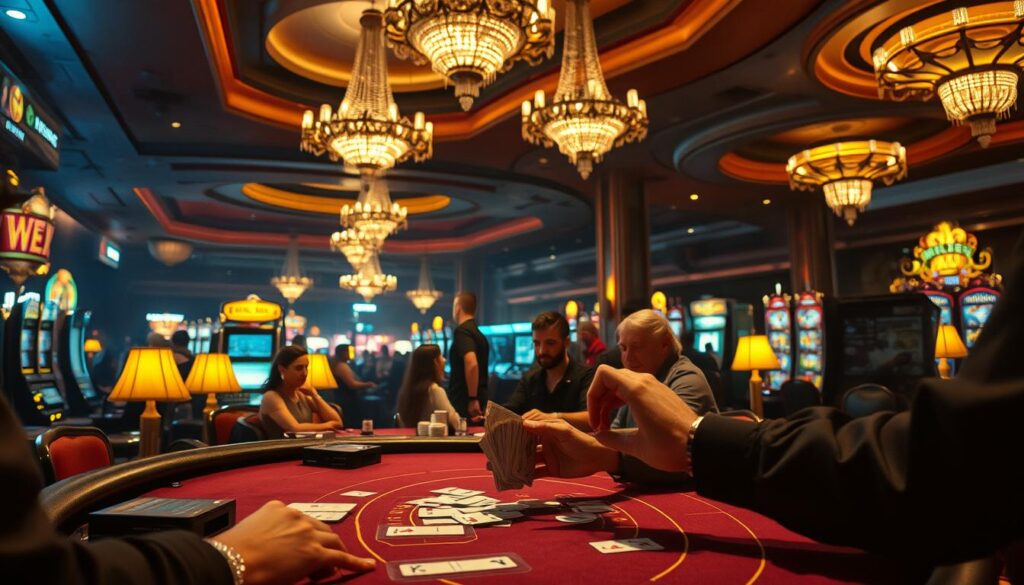 A dimly lit casino floor, bathed in the warm glow of table lamps and the flashing lights of slot machines. In the foreground, a dealer skillfully shuffles a deck of cards, their hands moving with practiced precision. The middle ground reveals a group of players, their faces intense as they scrutinize their cards and chips, strategizing their next move. In the background, a panoramic view of the casino's opulent interior, with ornate chandeliers and plush carpeting, creating an atmosphere of both luxury and risk. The lighting is carefully balanced, creating shadows and highlights that accentuate the high-stakes nature of the game. The overall scene conveys the best practices of casino risk management, where attention to detail, control, and calculated decision-making are the keys to success.
