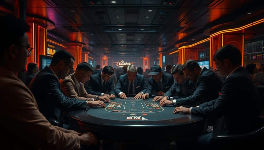 A dimly lit casino floor, the air thick with anticipation. In the center, a group of well-dressed individuals gathered around a sleek, modern table, engaged in a high-stakes game of chance. The players, faces obscured by shadows, lean forward intently, their every move calculated and precise. Surrounding them, the faint glow of neon lights and the muted chatter of onlookers create an atmosphere of excitement and intensity. The scene is illuminated by a warm, golden hue, casting a dramatic shadow play across the faces of the participants, capturing the essence of a real-life, high-stakes gaming experience.