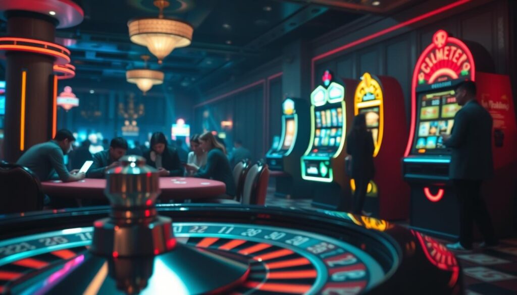 A dimly lit casino floor, the contrast of garish neon lights and muted shadows creating an air of mystery. In the foreground, a roulette wheel spins, its metallic gleam catching the eye. On one side, a group of players huddle around a felt-covered table, their faces illuminated by the glow of smartphones and tablets, immersed in the digital realm of online gambling. On the other, a lone figure stands before a towering slot machine, their gaze transfixed on the spinning reels. The background fades into a haze, hinting at the grandeur and allure of the physical casino space, juxtaposed with the convenience and accessibility of online gaming. The image captures the essence of the analysis, inviting the viewer to ponder the nuances and tradeoffs between these two distinct gambling experiences.