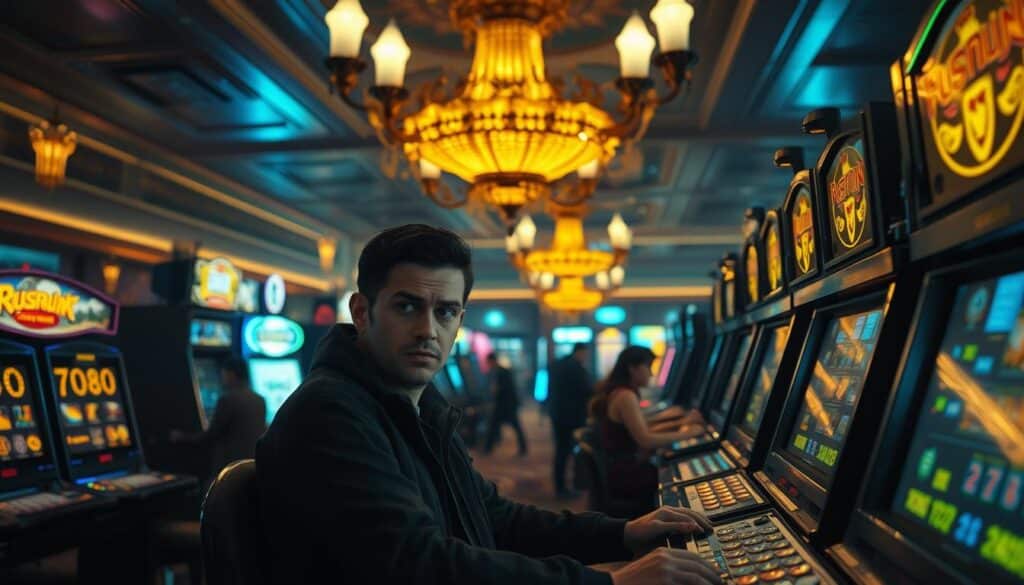 A dimly lit casino floor, with a bewildered new player sitting at a slot machine, surrounded by flashing lights and the cacophony of ringing bells. Overhead, the chandelier casts a warm, golden glow, creating a sense of grandeur and opulence. The player's face is etched with uncertainty, their hands hovering hesitantly over the controls, unsure of the game's mechanics. In the background, experienced players confidently navigate the tables, their movements fluid and practiced. The scene conveys the overwhelming nature of the casino environment for the uninitiated, capturing the "new player's pitfalls" at the heart of the article's subject.