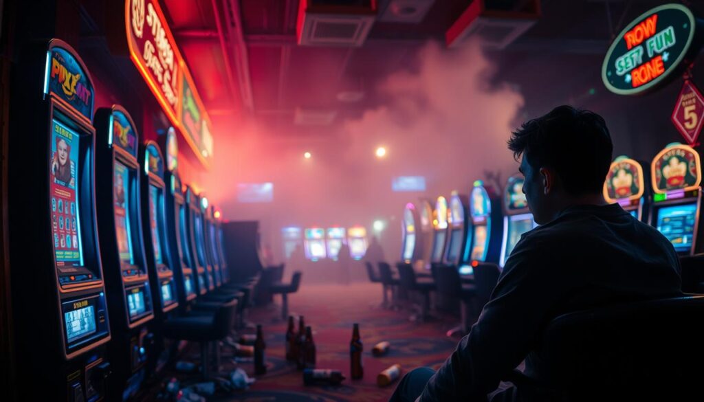 A dimly lit casino floor, with neon-lit slot machines and gaming tables casting an eerie glow. In the foreground, a person sits hunched over a screen, their face illuminated by the blue light, lost in a trance of compulsive gambling. The middle ground is cluttered with empty beer bottles and crumpled betting slips, while the background is shrouded in a hazy, smoky atmosphere, hinting at the addictive and detrimental nature of the environment. The scene is captured through a low-angle lens, creating a sense of disorientation and the overwhelming power of the gambling addiction.