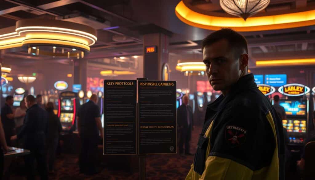 A dimly lit casino floor, with patrons engrossed in various gaming tables and slot machines. In the foreground, a security guard stands vigilant, eyeing the crowd with a keen gaze. The middle ground showcases a series of informative signage, highlighting key safety protocols and responsible gambling measures. In the background, a network of security cameras and discreet security personnel maintain a watchful presence, ensuring the well-being of all participants. The overall atmosphere conveys a sense of controlled excitement, where risk is managed and player safety is the top priority.