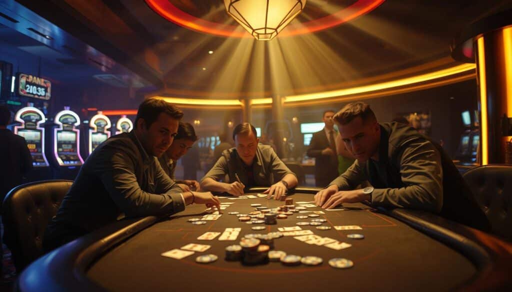 A dimly lit casino interior, a baccarat table at its center. Beams of soft, warm light cast an inviting glow, drawing the viewer's gaze. On the table, cards and chips are scattered, testament to the high-stakes game in progress. The players, expressions a mix of intense focus and thrilling uncertainty, lean in, their body language conveying the palpable sense of adventure and risk. In the background, the faint hum of slot machines and murmurs of other gamblers create an atmosphere of anticipation. The camera angle is slightly elevated, giving a bird's-eye perspective that emphasizes the drama unfolding below. A cinematic, moody scene that captures the essence of the adventurous spirit inherent in the game of baccarat.