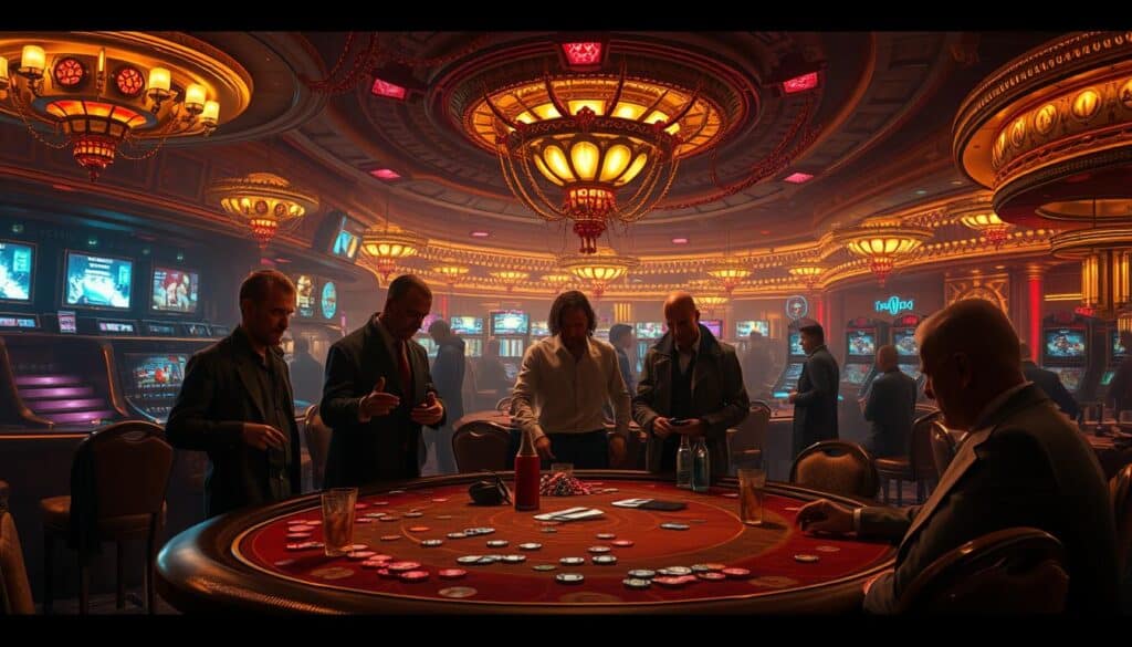 A dimly lit casino interior, dominated by the flashing lights and glitzy decor of a gambling den. In the foreground, a group of shady-looking individuals huddle around a table, their expressions calculating and their bodies tense. The middle ground reveals a disarray of scattered chips, abandoned drinks, and a sense of unease permeating the air. In the background, the casino's lavish ornaments and fixtures stand in stark contrast to the sinister activities unfolding before the viewer. The scene is bathed in a warm, amber glow, casting shadows that obscure the true nature of the events transpiring. The overall atmosphere conveys a sense of deception, greed, and the predatory nature of the casino industry's underbelly.
