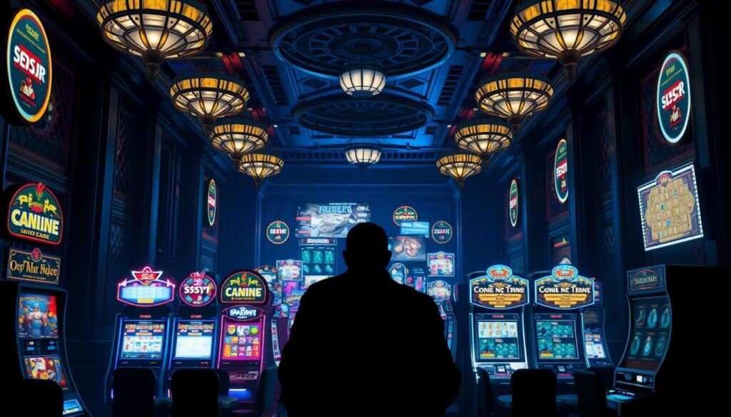 A dimly lit casino interior, illuminated by the flashing lights of slot machines and gaming tables. In the foreground, a group of shadowy figures huddled together, their expressions shrouded in secrecy as they discuss their nefarious plans. The middle ground reveals a maze of confusing interfaces and misleading pop-ups, designed to lure unsuspecting players into dubious schemes. The background showcases the opulent decor, creating a sense of false glamour and enticement. The overall atmosphere is one of deception, with an ominous undertone that captures the essence of common casino fraud tactics.