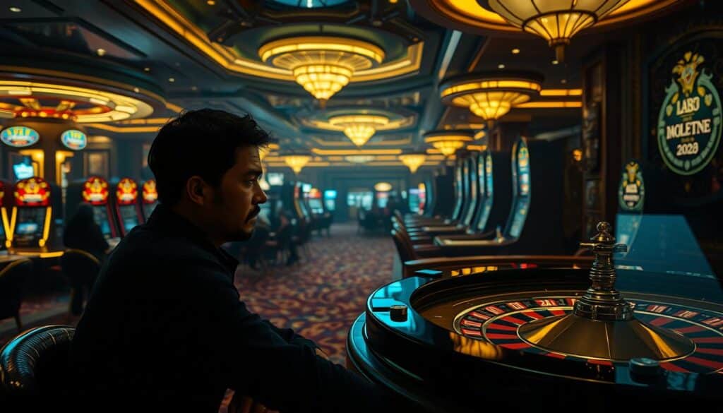 A dimly lit casino interior, illuminated by the warm glow of gaming tables and slot machines. In the foreground, a solitary figure sits at a roulette table, deep in contemplation, their face etched with a pensive expression. The middle ground is filled with the hushed intensity of other players, their eyes fixated on the spinning wheel. In the background, the gilded decor and lush carpeting evoke a sense of opulence and elegance, yet tinged with a subtle air of melancholy. The lighting is soft and moody, casting dramatic shadows and highlighting the tension and introspection of the scene. A cinematic, almost film-noir atmosphere permeates the image, inviting the viewer to reflect on the thrills and pitfalls of casino gaming.