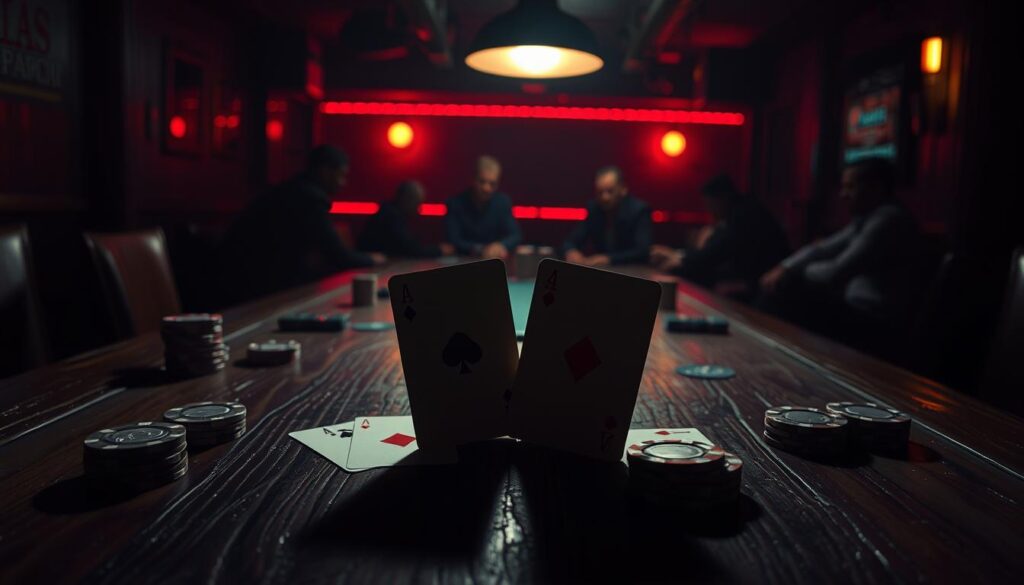 A dimly lit casino interior, poker chips and cards meticulously arranged on a weathered wooden table. The iconic Texas Hold'em starting hand symbols - the pair of hole cards - prominently displayed, casting subtle shadows on the surface. Overhead, a single spotlight illuminates the scene, creating a moody, contemplative atmosphere. In the background, the faint silhouettes of poker players engaged in an intense game, their faces obscured in shadow. The overall composition evokes the essence of the fundamental rules of Texas Hold'em, the quintessential poker variant.