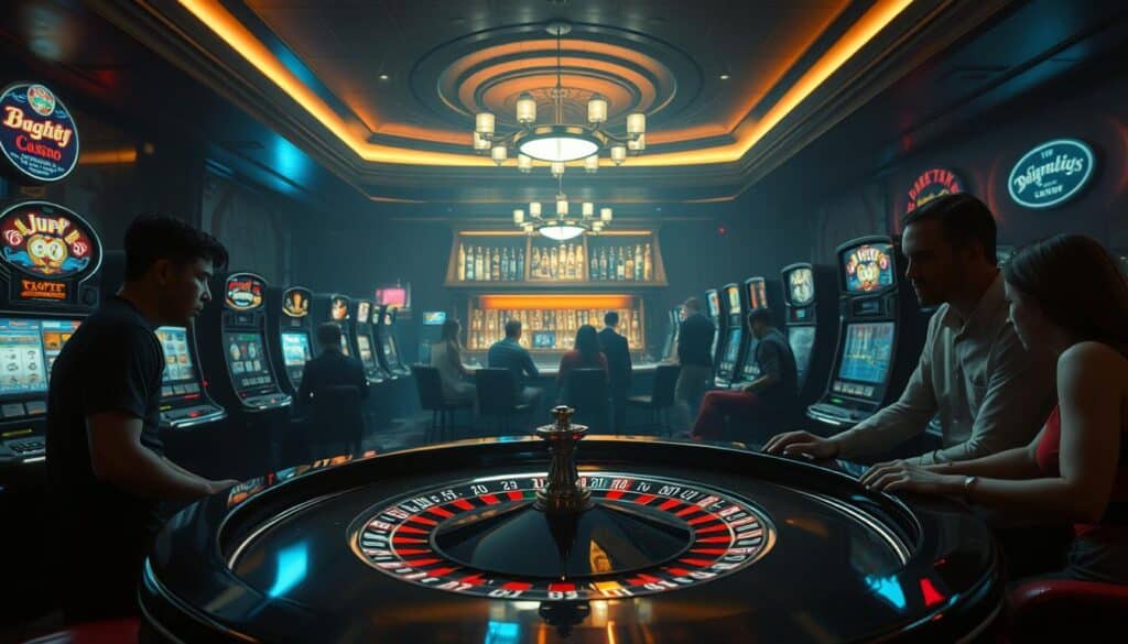A dimly lit casino interior, the air thick with anticipation. A roulette table takes center stage, its polished surface reflecting the soft glow of overhead lighting. Surrounding the table, rows of slot machines beckon with their flashing lights and jingling sounds. In the background, a bar with a well-stocked selection of spirits casts a warm ambiance across the scene. The players, their faces illuminated by the screens, are engrossed in the thrill of the games, their expressions a mix of concentration and excitement. The atmosphere is charged with the energy of potential winnings, creating an immersive and captivating visual experience.