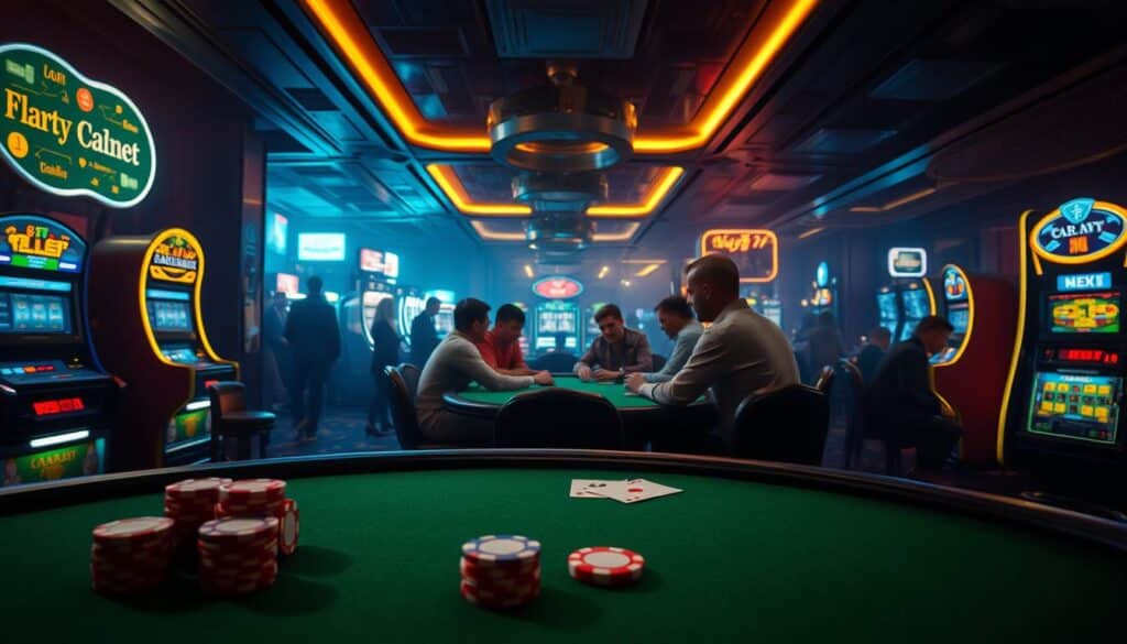 A dimly lit casino interior, the air thick with anticipation. In the foreground, a green felt table adorned with neatly arranged casino chips and a pair of cards, hinting at the game of Baccarat. The middle ground features a group of players engrossed in the game, their expressions a mix of concentration and excitement. In the background, the faint glow of slot machines and the muted chatter of other gamblers create an atmosphere of high-stakes entertainment. Soft, warm lighting casts a subtle glow, highlighting the elegance and allure of the casino setting. The overall scene conveys the secrets to winning at online Baccarat, the gateway to financial success for the savvy Taiwanese player.