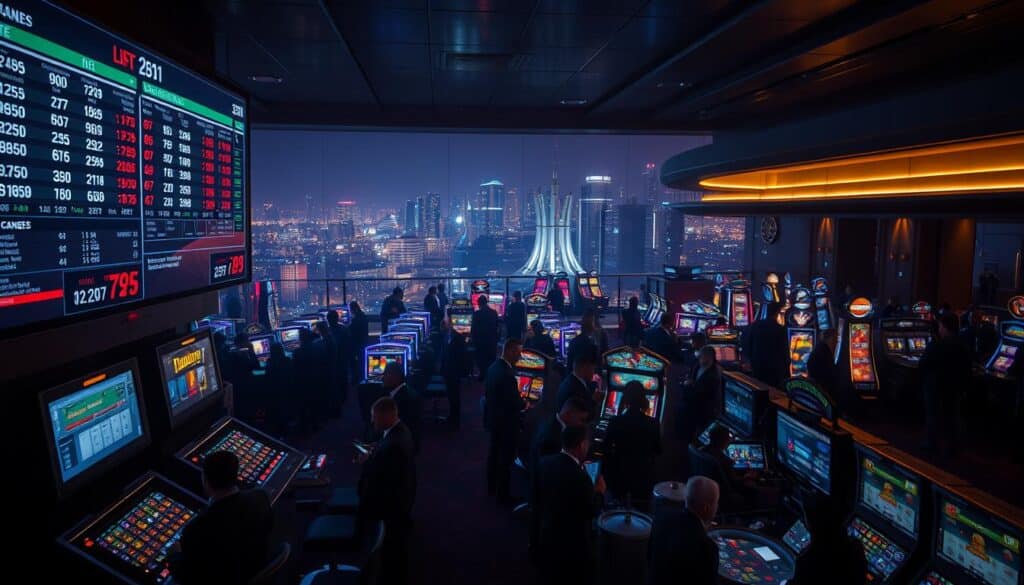 A dimly lit casino interior, the air thick with anticipation. In the foreground, a large digital screen displays a live betting interface, the numbers constantly shifting as players make their wagers. Surrounding it, a sea of sleek, modern gaming consoles, their screens flashing with a variety of casino-style games. The middle ground is populated by well-dressed patrons, their faces illuminated by the glow of the screens, engrossed in the thrill of the moment. In the background, a panoramic view of the city skyline, the neon lights of the casino reflecting off the glass towers. The overall mood is one of intensity, the sights and sounds of the casino creating a palpable energy that draws the viewer in.