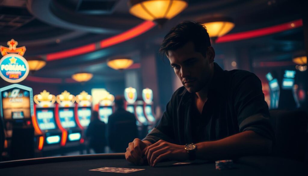 A dimly lit casino interior, the air thick with anticipation. In the foreground, a lone gambler sits at a poker table, their face etched with concentration, fingers poised over their cards. Soft, warm lighting casts dramatic shadows, creating a moody, introspective atmosphere. The background is a hazy blur of slot machines and table games, the sounds of clinking coins and shuffling chips creating a rhythmic undercurrent. The scene conveys the importance of emotional control and discipline in the high-stakes world of casino gambling, where a single misstep can have costly consequences.