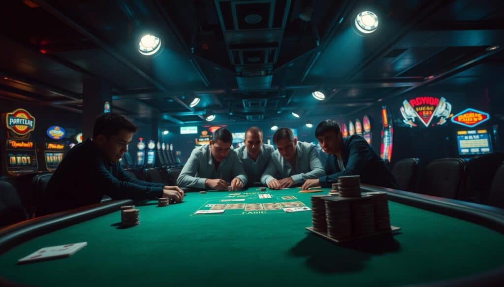 A dimly lit casino interior, the air thick with anticipation. In the foreground, a poker table takes center stage, its green felt surface dotted with casino chips and cards arranged in a strategic layout. Spotlights cast dramatic shadows, creating a sense of intensity and focus. In the middle ground, a group of players lean in, their expressions a mix of concentration and determination. The background is blurred, hinting at the larger gambling hall, with the occasional flash of neon signs and the muted sounds of slot machines. The overall mood is one of calculated risk, the thrill of the game, and the pursuit of a winning strategy.