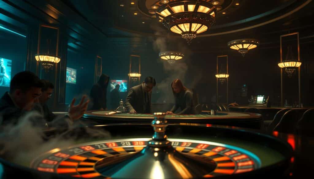 A dimly lit casino interior, the air thick with anticipation. In the foreground, a roulette table spins, its gleaming surface reflecting the flickering lights overhead. Wisps of smoke drift through the scene, creating an air of mystery. The middle ground features a group of people intently studying the table, their faces half-obscured, engaged in the intricate dance of risk management. In the background, shadowy figures linger, observing the proceedings with a keen, calculating gaze. The overall atmosphere is one of tension and strategic thinking, as the players navigate the delicate balance between chance and control.
