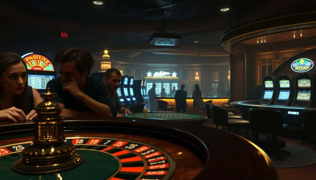 A dimly lit casino interior, the air thick with anticipation. In the foreground, a roulette table commands attention, the ball spinning against a backdrop of plush velvet and gilded accents. Surrounding the table, players lean in, faces etched with concentration, their expressions a complex mix of thrill and trepidation. The middle ground reveals slot machines, their screens flickering with hypnotic patterns, luring gamblers with the promise of fortune. In the distance, a bar casts a warm glow, where patrons indulge in drinks, their inhibitions slowly eroding. Subtle lighting casts dramatic shadows, heightening the sense of drama and risk. The overall atmosphere evokes a feeling of both temptation and vulnerability, capturing the delicate balance that governs the casino environment and its impact on player behavior.