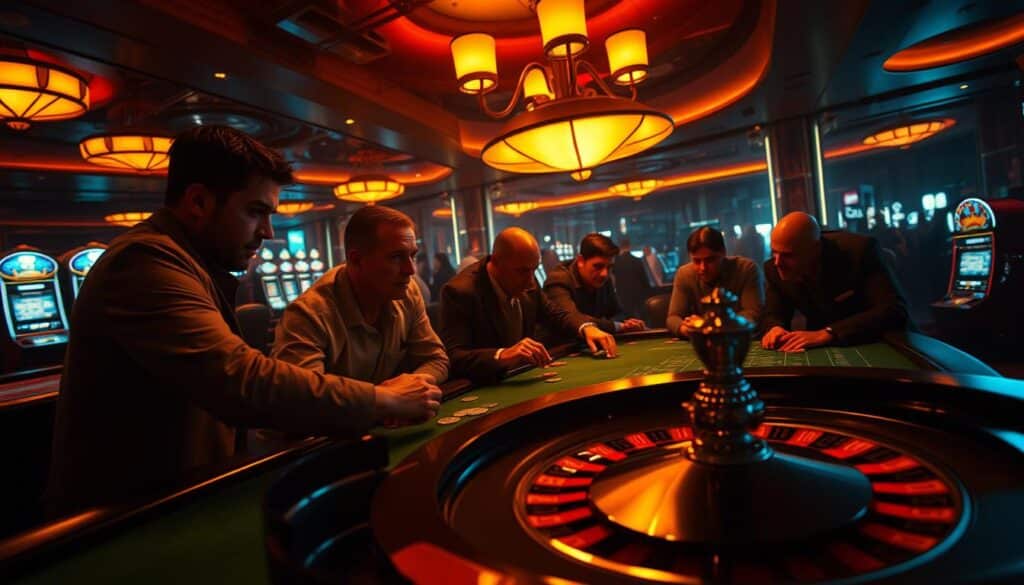 A dimly lit casino interior, the air thick with anticipation. In the foreground, a roulette table comes into focus, the green felt surface a canvas for carefully placed chips. Surrounding the table, players lean in, their faces illuminated by the warm glow of overhead lamps, expressions intense as they ponder their next move. In the background, the faint outlines of other gaming tables and slot machines create a sense of depth, the entire scene imbued with a sense of strategic contemplation. The lighting is cinematic, casting dramatic shadows and highlights, enhancing the mood of calculated risk-taking. The camera angle is slightly elevated, giving a bird's-eye view of the scene, allowing the viewer to observe the intricate web of betting strategies unfolding before them.
