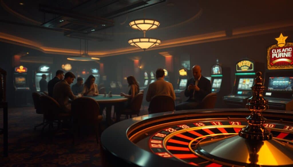 A dimly lit casino interior, the air thick with anticipation. In the foreground, a roulette table with gleaming chips and a spinning wheel, casting an alluring glow. In the middle ground, poker players scrutinize their cards, their faces half-obscured by shadows. In the background, slot machines flash and chime, enticing passersby. Overhead, a warm, muted lighting creates a sense of mystery and intrigue. The scene is imbued with a palpable energy, hinting at the secrets and strategies that lie within the realm of online gambling.