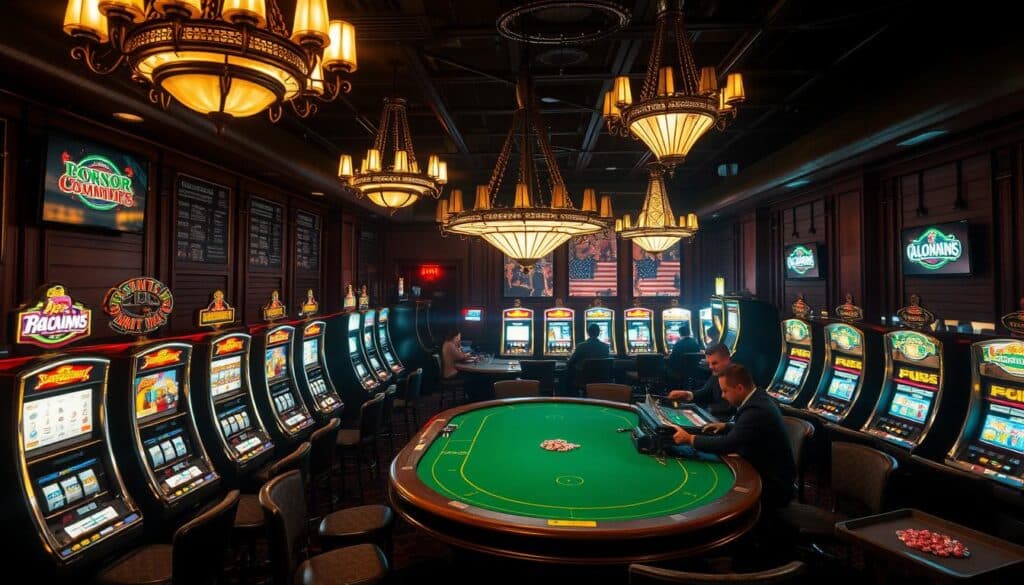 A dimly lit casino interior, the air thick with anticipation. Rows of gleaming slot machines line the walls, their screens flickering with symbols of fortune. In the center, a grand mahogany table dominates the space, its green felt surface a canvas for the intricate rules of classic table games. Elegant chandeliers cast a warm glow, illuminating the faces of players deep in concentration, their chips stacked high as they navigate the thrilling world of casino gaming. The atmosphere is one of sophisticated excitement, where the allure of chance and the pursuit of wealth create a captivating experience for the seasoned and curious alike.