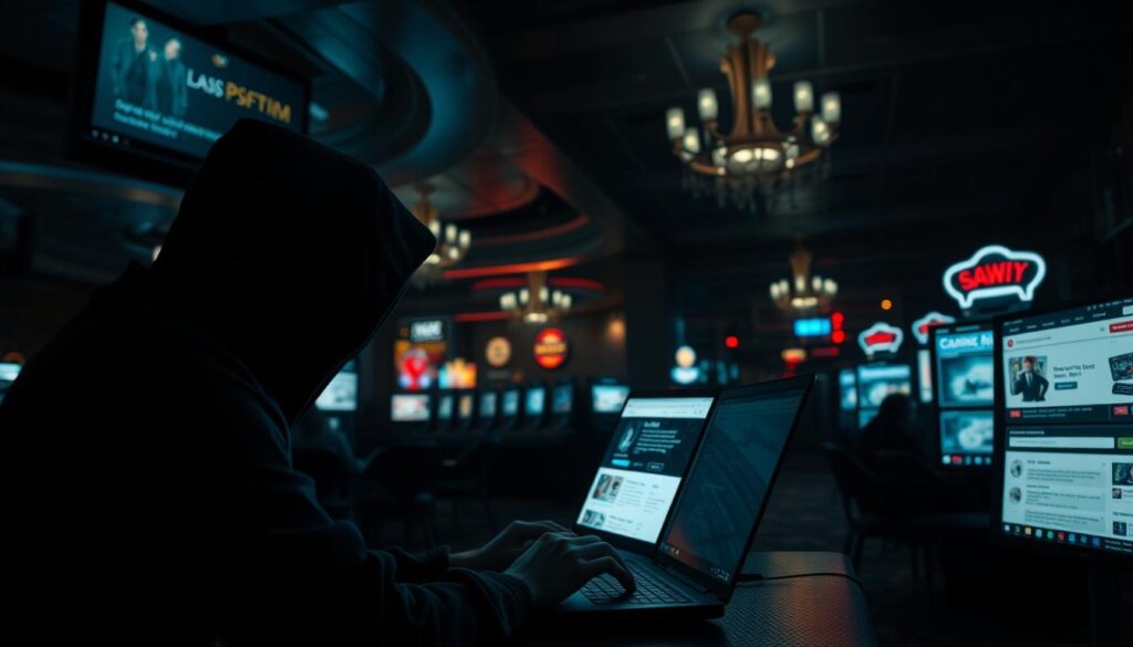 A dimly lit casino interior, the air thick with suspicion. In the foreground, a shadowy figure huddled over a laptop, fingers tapping furiously. Behind them, a row of glowing screens displaying suspicious financial transactions. The middle ground reveals sketchy pop-up ads and phishing links obscuring the legitimate casino interface. In the background, a maze of obfuscated web pages and shady payment gateways, hinting at the deceptive nature of the online gambling operation. Chiaroscuro lighting casts an ominous tone, while strategic angles and camera perspective emphasize the predatory nature of the scam.