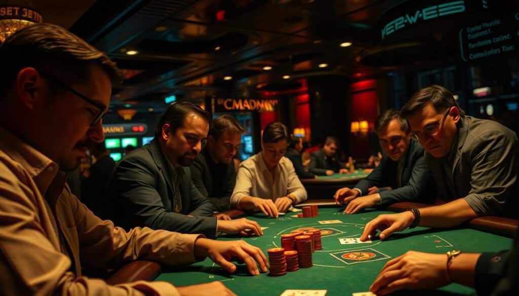 A dimly lit casino interior, the air thick with tension and anticipation. In the foreground, a group of successful baccarat players, their faces etched with concentration and quiet confidence. They move with precise, deliberate motions, analyzing every card, every bet, every shift in the odds. In the middle ground, the verdant felt of the baccarat table, the chips stacked neatly, a subtle interplay of light and shadow. In the background, the hum of the casino, the occasional cheer or groan, a backdrop to the players' intense focus. The lighting is warm and muted, creating an atmosphere of intensity and quiet triumph. The camera angle is slightly elevated, giving a sense of observation and understanding the players' collective mindset and strategies.