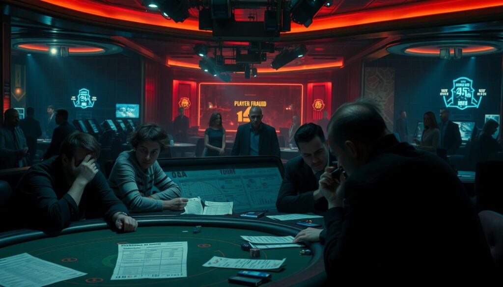 A dimly lit casino interior, the air thick with tension. In the foreground, a group of anxious-looking players huddle around a table, their expressions revealing concern and mistrust. The middle ground showcases a series of detailed financial records and player profiles, hinting at the complexity of the fraud case. In the background, shadowy figures loom, their intentions unclear. Dramatic chiaroscuro lighting emphasizes the high-stakes, high-risk nature of the situation. The overall mood is one of unease and uncertainty, reflecting the serious consequences of the player fraud at hand.