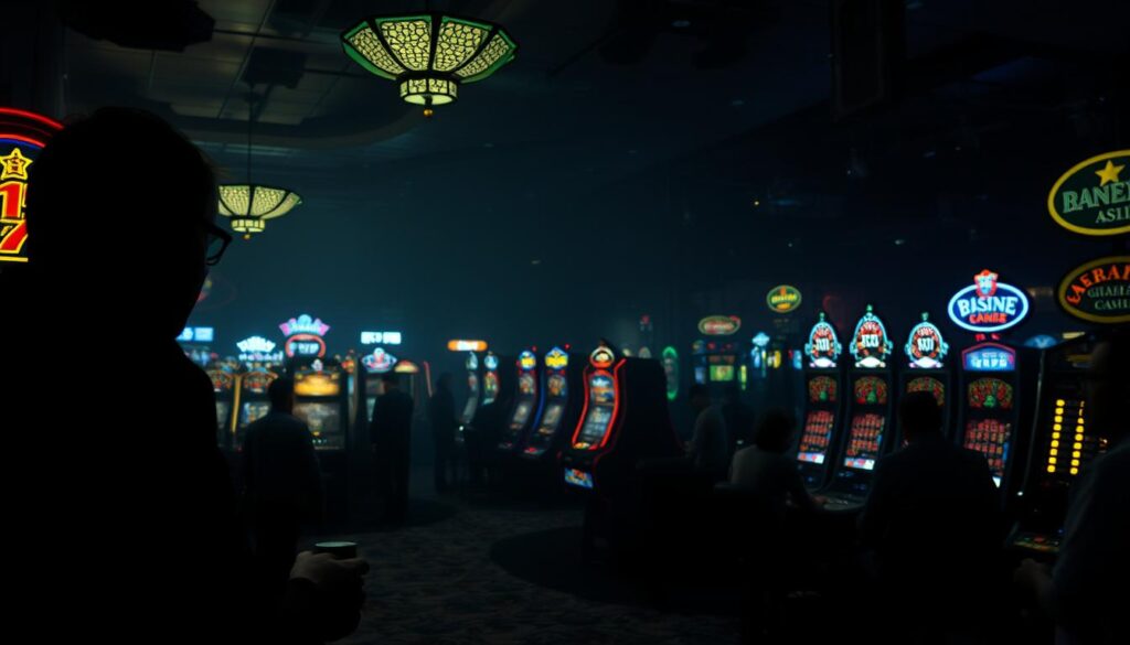 A dimly lit casino interior, the air thick with tension. In the foreground, a shadowy figure contemplates a stack of casino chips, the glint of overhead lighting casting an ominous glow. In the middle ground, patrons are engrossed in various games of chance, their faces betraying a mix of excitement and trepidation. The background is a hazy panorama of flashing lights, slot machines, and the faint sound of roulette wheels spinning. The overall mood is one of unease, as the viewer is invited to consider the risks and consequences of gambling. The image is rendered in a realistic style, with a cinematic depth of field and moody chiaroscuro lighting.