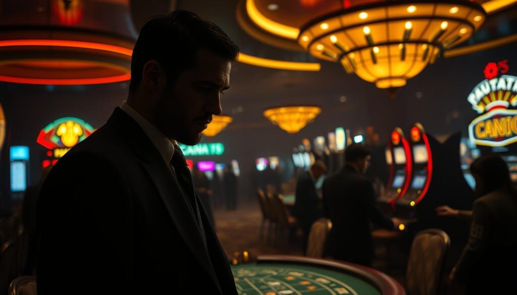 A dimly lit casino interior, the air thick with tension. In the foreground, a shady-looking individual in a suit, their face obscured by shadows, meets with an unsuspecting player. The background is a maze of flashing lights, ringing slot machines, and the uneasy energy of high-stakes gambling. Sinister undertones creep in, suggesting the risks and potential dangers of dealing with unscrupulous casino representatives. The scene is captured with a cinematic, film noir-inspired aesthetic, emphasizing the sense of unease and the potential for deception.