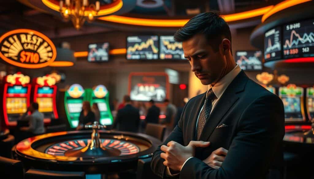 A dimly lit casino interior, the air thick with the hum of slot machines and the occasional cheer of a lucky win. In the foreground, a businessman in a sharp suit contemplates a stack of casino chips, his expression one of caution and concentration. The middle ground features a roulette table, the spinning wheel a blur of motion, surrounded by patrons watching intently. In the background, a series of LCD screens displays graphs and charts, visualizing the flow of bets and the ebb and flow of risk. Soft, warm lighting casts a sense of unease, underscoring the delicate balance between entertainment and financial prudence. The scene conveys the importance of risk management in the vibrant world of casino gaming.
