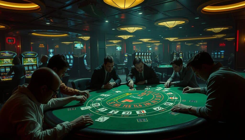 A dimly lit casino interior, the air thick with the hum of slot machines and the occasional clink of chips. In the center, a baccarat table, its green felt marked with the intricate patterns of the game. Around it, a handful of players lean in, their faces intense with concentration as they study the cards and make their bets. The lighting casts dramatic shadows, creating a sense of tension and high stakes. In the background, the silhouettes of other tables and the faint outlines of patrons can be seen, hinting at the broader scope of the casino's operations. The overall atmosphere is one of strategic calculation, calculated risk, and the thrill of the game.