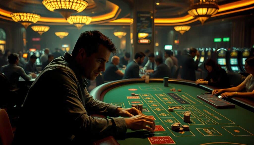 A dimly lit casino interior, the air thick with the scent of cigarette smoke and the clink of chips. In the foreground, a lone gambler sits hunched over a baccarat table, their face a mask of intense concentration as they make their bets. The table is illuminated by the warm glow of the green felt, the cards and chips casting shadows that dance across the player's face. In the middle ground, a sea of other gamblers, each consumed by their own pursuit of fortune, their expressions a mix of hope and desperation. The background is a blur of motion, with waiters weaving between the tables, the sound of slot machines and muted conversations creating a cacophony of the casino experience. The overall atmosphere is one of tension and anticipation, a sense of the precarious balance between risk and reward that lies at the heart of the gambling mindset.