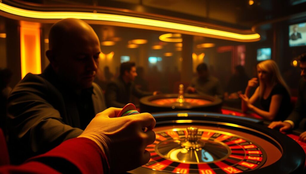 A dimly lit casino interior, the atmosphere heavy with tension and anticipation. In the foreground, a gambler's hands clutch a stack of chips, their face obscured by shadow, reflecting the psychological turmoil of the high-stakes game. The middle ground depicts a roulette wheel, its spinning motion capturing the frenetic energy of the moment. Surrounding this, the background is filled with the indistinct shapes of other players, their expressions shrouded in mystery, creating a sense of isolation and the sense of being consumed by the allure of gambling. Warm, muted lighting filters through the scene, casting an amber glow and evoking the addictive, almost hypnotic nature of the gambling experience.