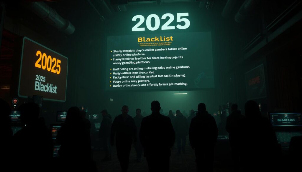 A dimly lit casino interior, the atmosphere heavy with tension. In the foreground, a large LED display screen showcases the "2025 Blacklist" of shady online gambling platforms. The screen casts an ominous glow, illuminating the worried faces of patrons navigating the shadows. In the middle ground, silhouettes of figures move cautiously, aware of the dangers lurking within this seedy underworld. The background is hazy, suggesting a sense of unease and uncertainty. The scene is shot from a slightly low angle, emphasizing the imposing nature of the blacklist and the vulnerability of the players. The lighting is moody, with deep shadows and dramatic highlights, creating a sense of foreboding and unease.