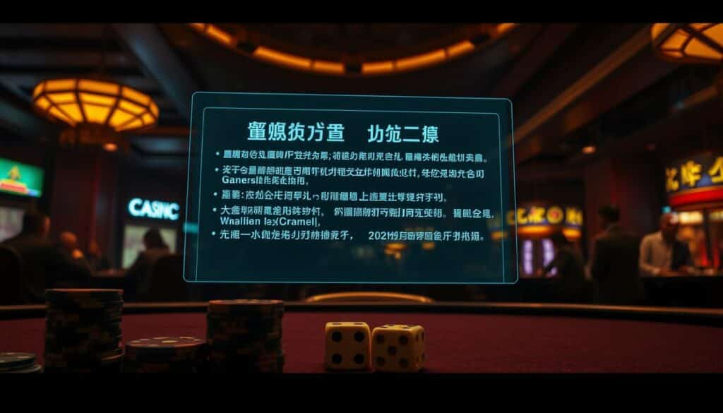 A dimly lit casino interior, the atmosphere tense with anticipation. In the foreground, a stack of casino chips and a pair of dice, symbolizing the rules and regulations that govern the games within. The middle ground features a holographic display, projecting a set of detailed game guidelines in both Chinese and English, emphasizing the importance of understanding the rules. In the background, the faint silhouettes of players engaged in various casino games, their expressions focused and intent. Soft, warm lighting casts a subtle glow, creating a sense of sophistication and exclusivity. The overall scene conveys the idea of a well-regulated, professional gaming environment.
