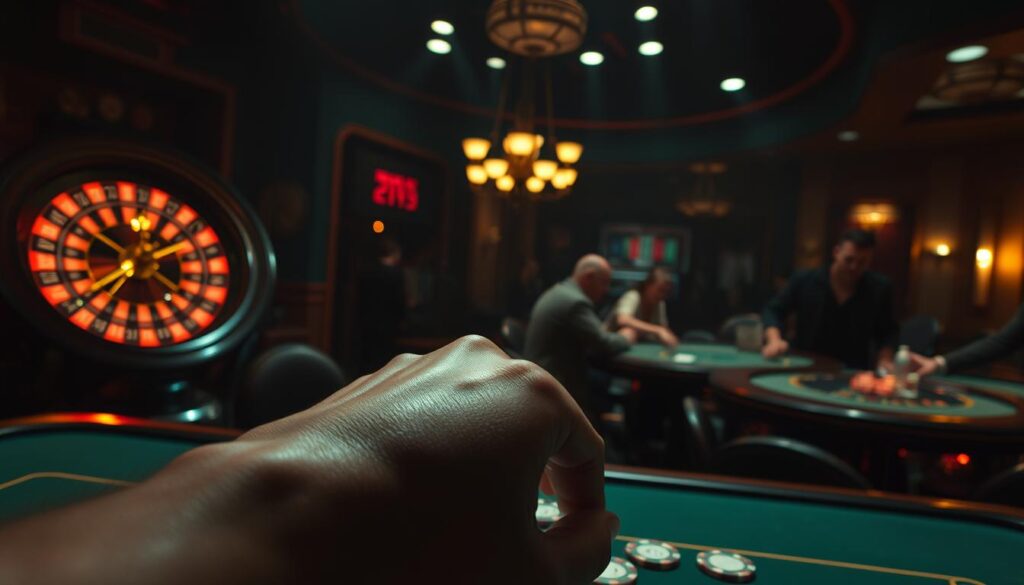 A dimly lit casino interior, the atmosphere thick with anticipation. In the foreground, a hand rests on a stack of poker chips, the fingers poised to make a decisive move. Behind, a roulette wheel spins, its hypnotic motion casting shadows across the table. In the distance, a group of gamblers huddle over a blackjack table, their expressions a mix of concentration and excitement. The lighting is low and moody, casting dramatic shadows that accentuate the tension of the scene. The camera angle is slightly elevated, providing a bird's-eye view of the strategic maneuverings taking place. The overall mood is one of high-stakes risk and the thrill of the chase, perfectly capturing the essence of common gambling strategies.