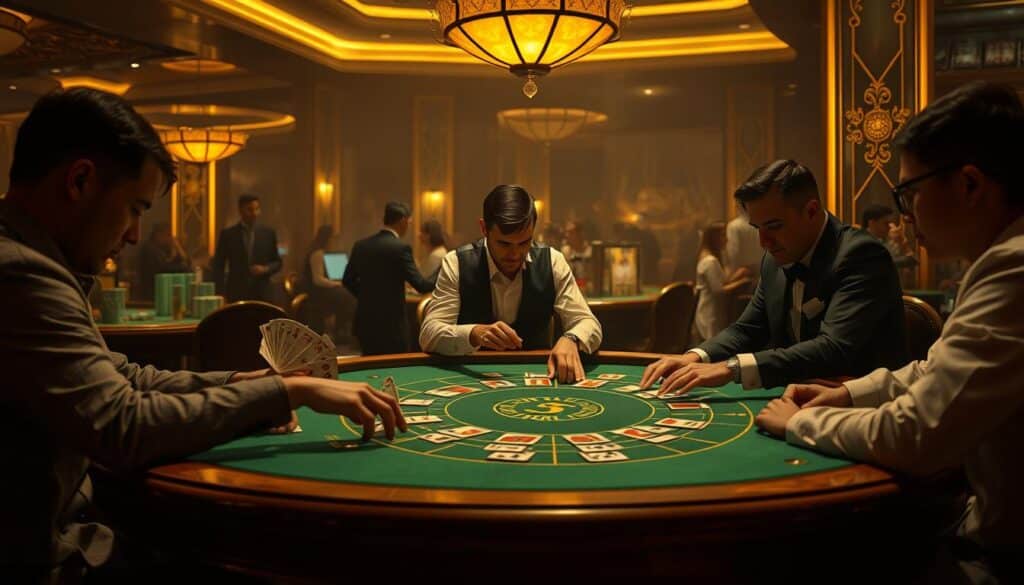 A dimly lit casino interior, the focal point being a Baccarat table illuminated by warm, golden light. The table is draped in a luxurious green felt, with carved wooden edges and polished brass accents. Cards are being dealt by a skilled croupier, while players intently study their hands, expressions of concentration etched on their faces. The background is hazy, with the faint silhouettes of other gaming tables and the muted chatter of the casino creating an atmosphere of excitement and anticipation. The image conveys the strategic nature of Baccarat, the allure of high-stakes gambling, and the immersive experience of a traditional casino environment.