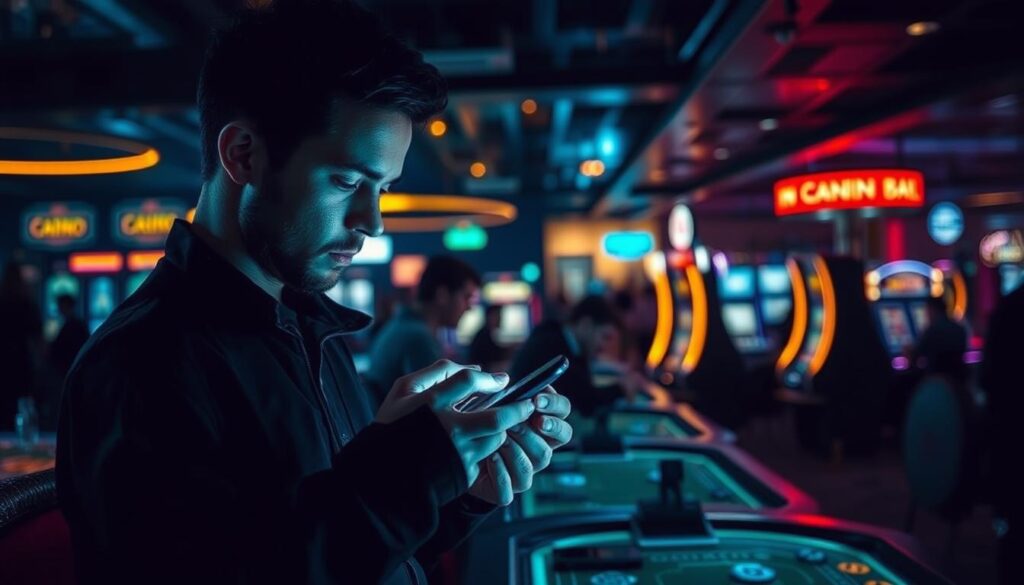 A dimly lit casino interior, the glow of digital screens casting a soft, neon glow across the scene. In the foreground, a player intently studying a mobile device, fingers dancing across the screen as they strategize their next move in an online casino game. The middle ground reveals other players, each absorbed in their own gaming rhythms, creating a captivating tableau of concentration and calculated risk-taking. In the background, the faint outlines of slot machines and gaming tables, hinting at the wider world of opportunity and potential rewards within this immersive digital playground. The overall mood is one of strategic contemplation, a fusion of technology, chance, and the thrill of the gaming experience.