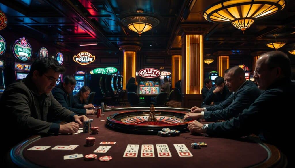 A dimly lit casino interior, the glow of neon signs and slot machines casting dramatic shadows. In the foreground, a poker table with cards and chips, surrounded by serious-faced players deep in concentration. In the middle ground, a roulette wheel slowly spinning, its numbers and patterns hypnotizing the onlookers. The background reveals the opulent decor of the gambling hall - gilded columns, plush carpets, and a sense of high-stakes excitement. Dramatic low-angle lighting highlights the tension and intensity of the scene, as the rules and strategies of online gambling come to life.