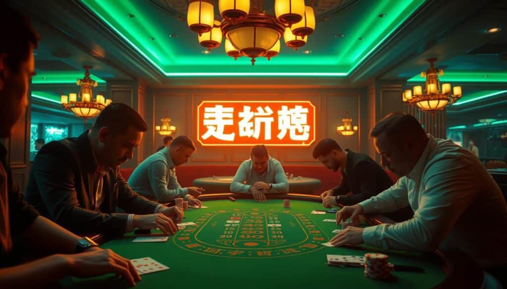 A dimly lit casino interior, the green felt of a baccarat table illuminated by the warm glow of overhead chandeliers. Cards are carefully shuffled, casino chips stack up, and the tension builds as players lean in, studying the patterns on the felt, searching for the ultimate winning strategy. In the center, a glowing neon sign reads "百家樂必勝秘訣", casting an alluring glow over the scene. The atmosphere is one of high-stakes excitement, where Lady Luck is the true dealer and the promise of riches hangs in the air.