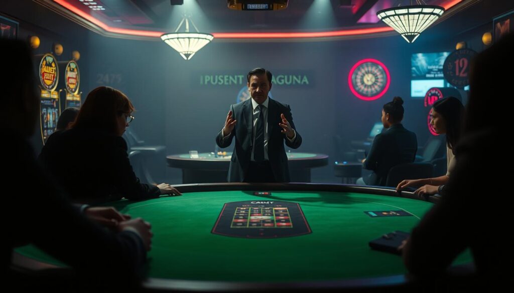 A dimly lit casino interior, the green felt of a baccarat table in the foreground, surrounded by the shadowy silhouettes of players. In the middle ground, a psychologist in a crisp suit stands, gesturing animatedly as they explain the fundamentals of behavioral psychology to an attentive audience. The background is hazy, with the blurred outlines of slot machines and roulette wheels, suggesting the broader gambling environment. Dramatic lighting casts dramatic shadows, creating a sense of intrigue and concentration. The overall mood is one of intellectual analysis and strategic contemplation, guiding the viewer to consider the intersection of psychology and the game of baccarat.
